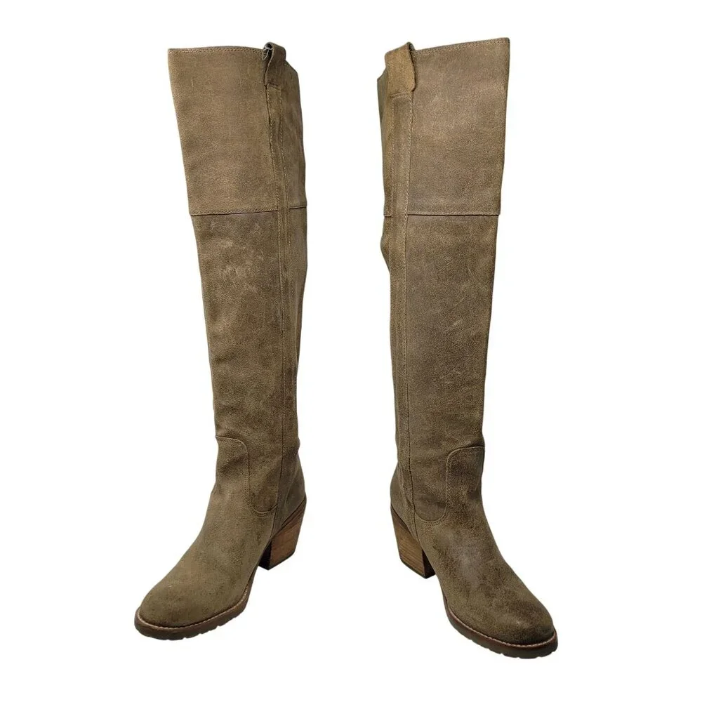 Report Belzer Over Knee Tan Suede Leather Boots Sz 7.5 Distressed Tall Boho‎